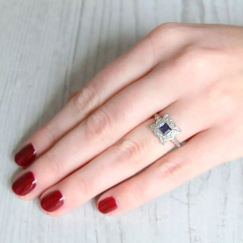 Art Deco Square Sapphire and Diamond Cluster Ring