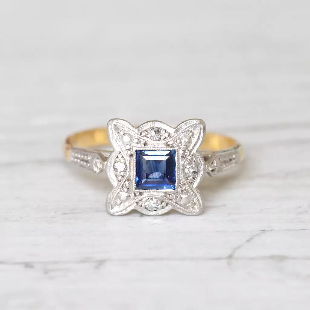 Art Deco Square Sapphire and Diamond Cluster Ring