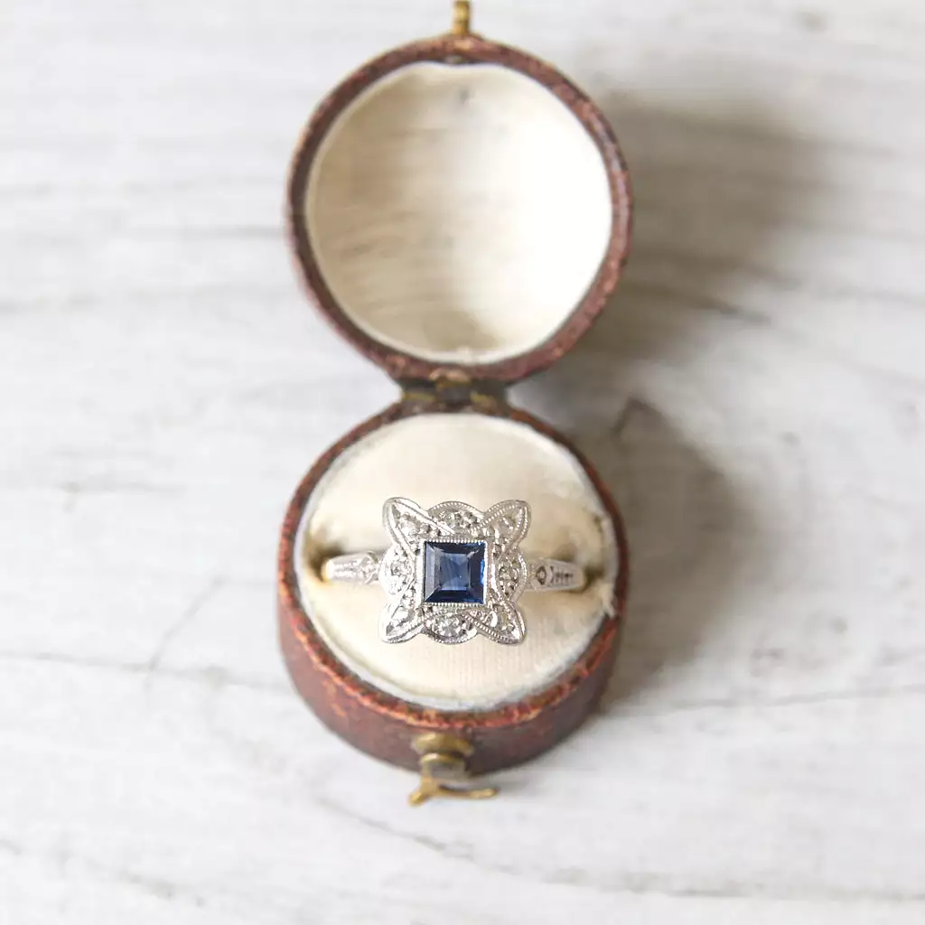 Art Deco Square Sapphire and Diamond Cluster Ring