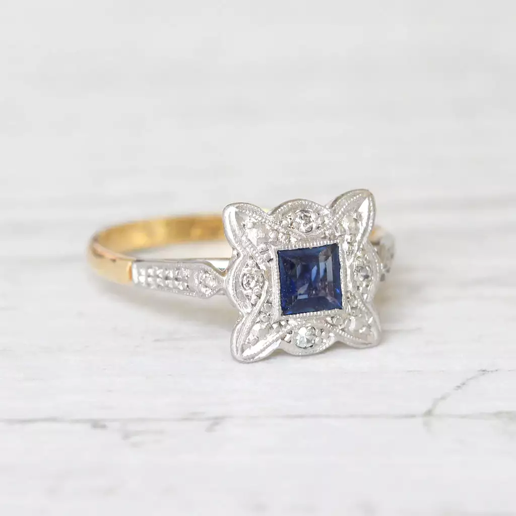 Art Deco Square Sapphire and Diamond Cluster Ring