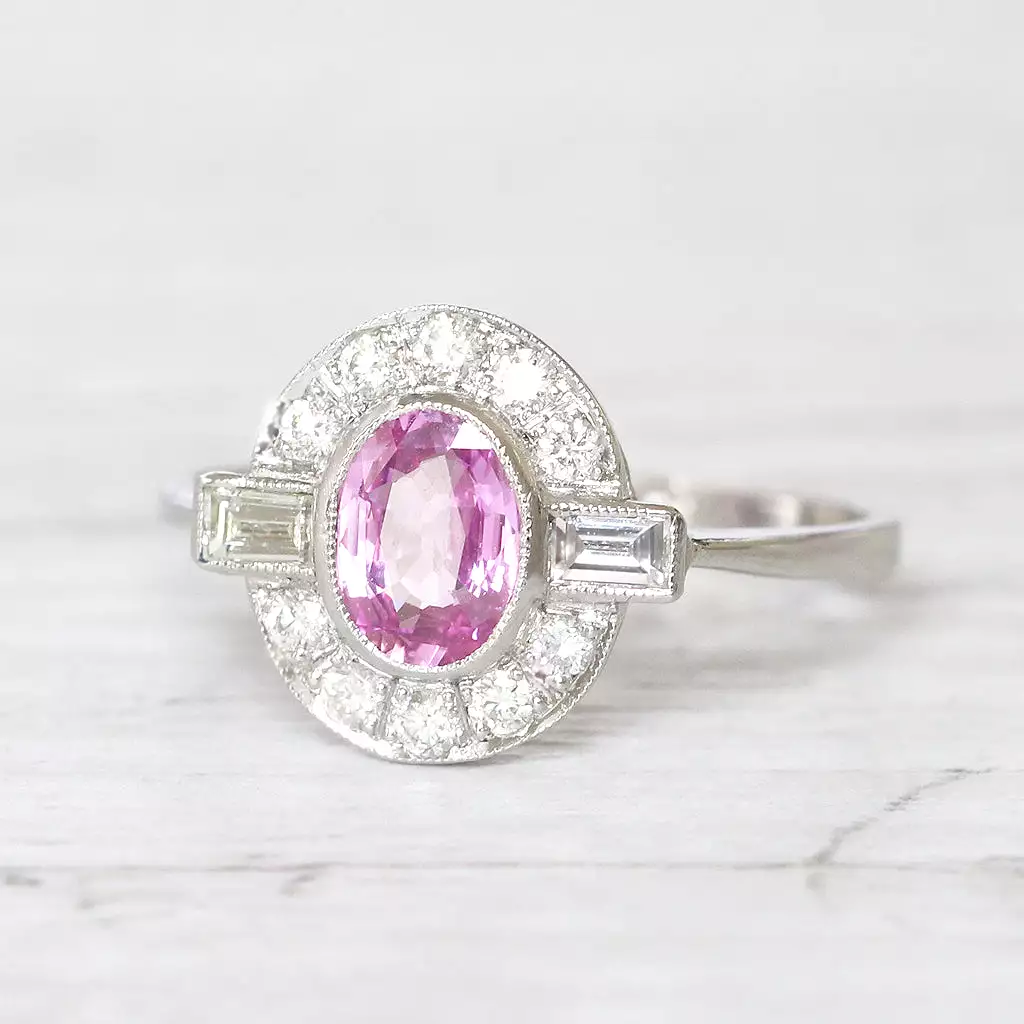 Art Deco Style 0.95 Carat Pink Sapphire and Diamond Cluster Ring