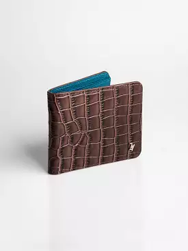 Artemis Croco Wallet - Coffee and Dark Turquoise Leather