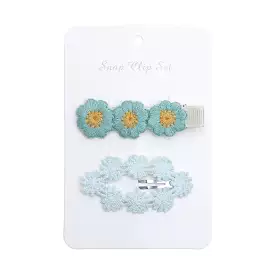 Baby Girl Floral Embroidered Snap Hair Clip Set in Teal