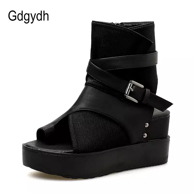 Black Women Ankle Boots Spring Autumn Peep Toe Flat Heel Boots For Female Buckle Platform Wedges Shoes Summer Comfortable