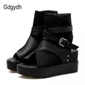 Black Women Ankle Boots Spring Autumn Peep Toe Flat Heel Boots For Female Buckle Platform Wedges Shoes Summer Comfortable