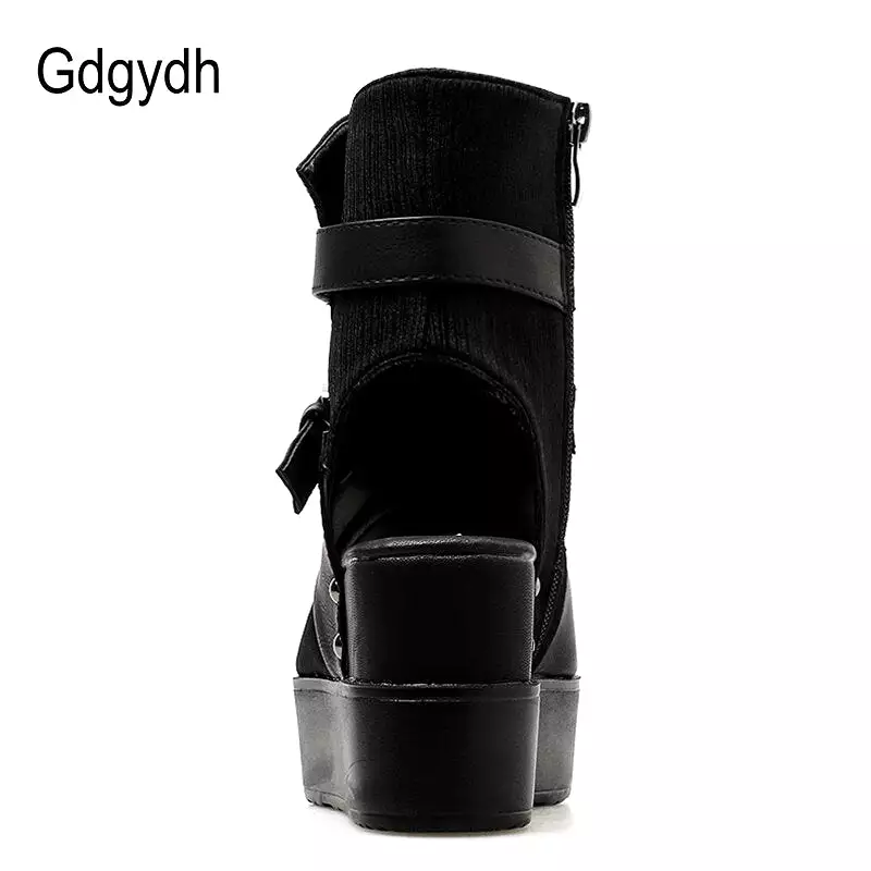 Black Women Ankle Boots Spring Autumn Peep Toe Flat Heel Boots For Female Buckle Platform Wedges Shoes Summer Comfortable