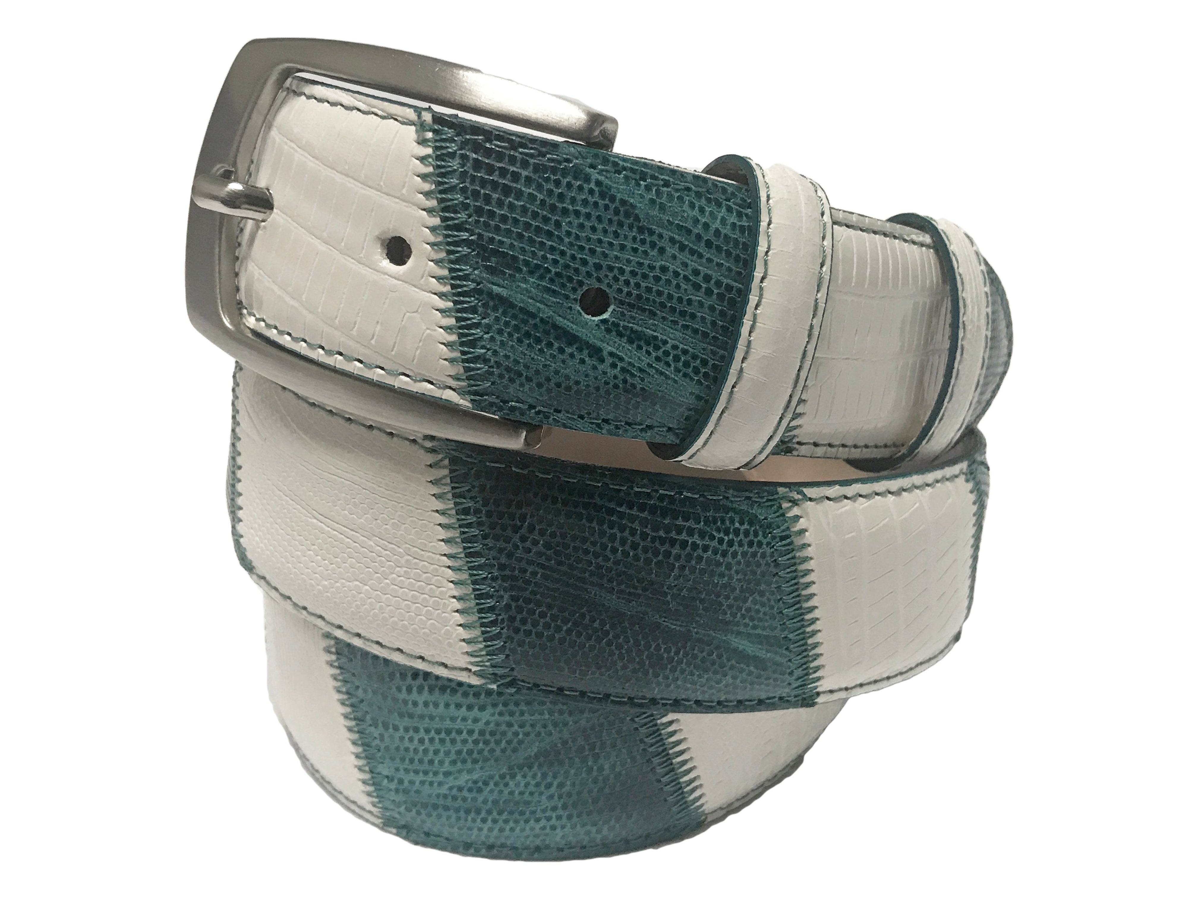 Calf Skin Lizard Embossed Patchwork Belt White/Turquoise