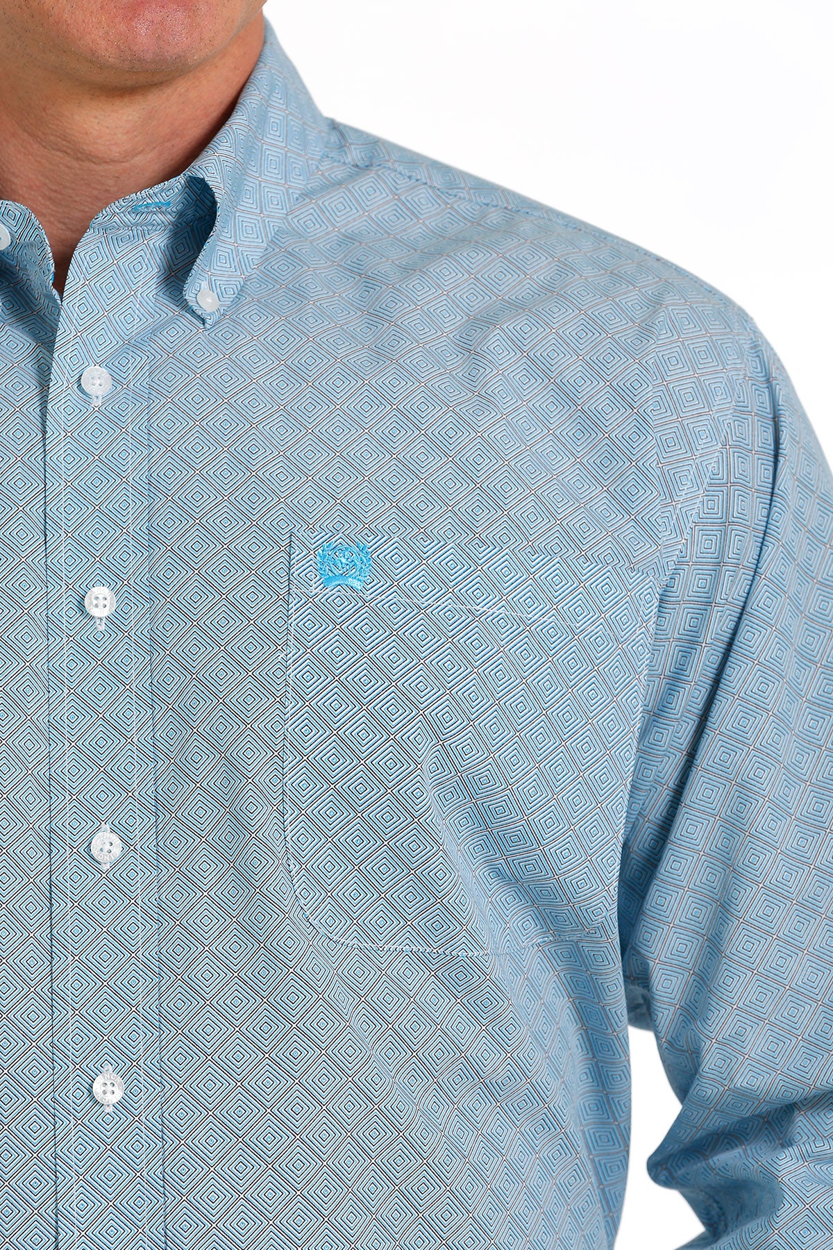 'Cinch' Men's Geo Print Classic Fit Button Down - White / Turquoise