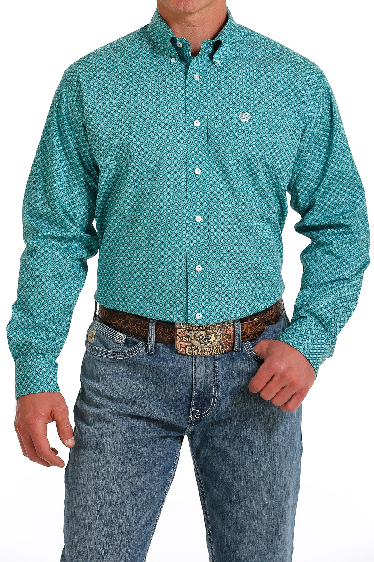 'Cinch' Men's Medallion Print Classic Fit Button Down - Turquoise