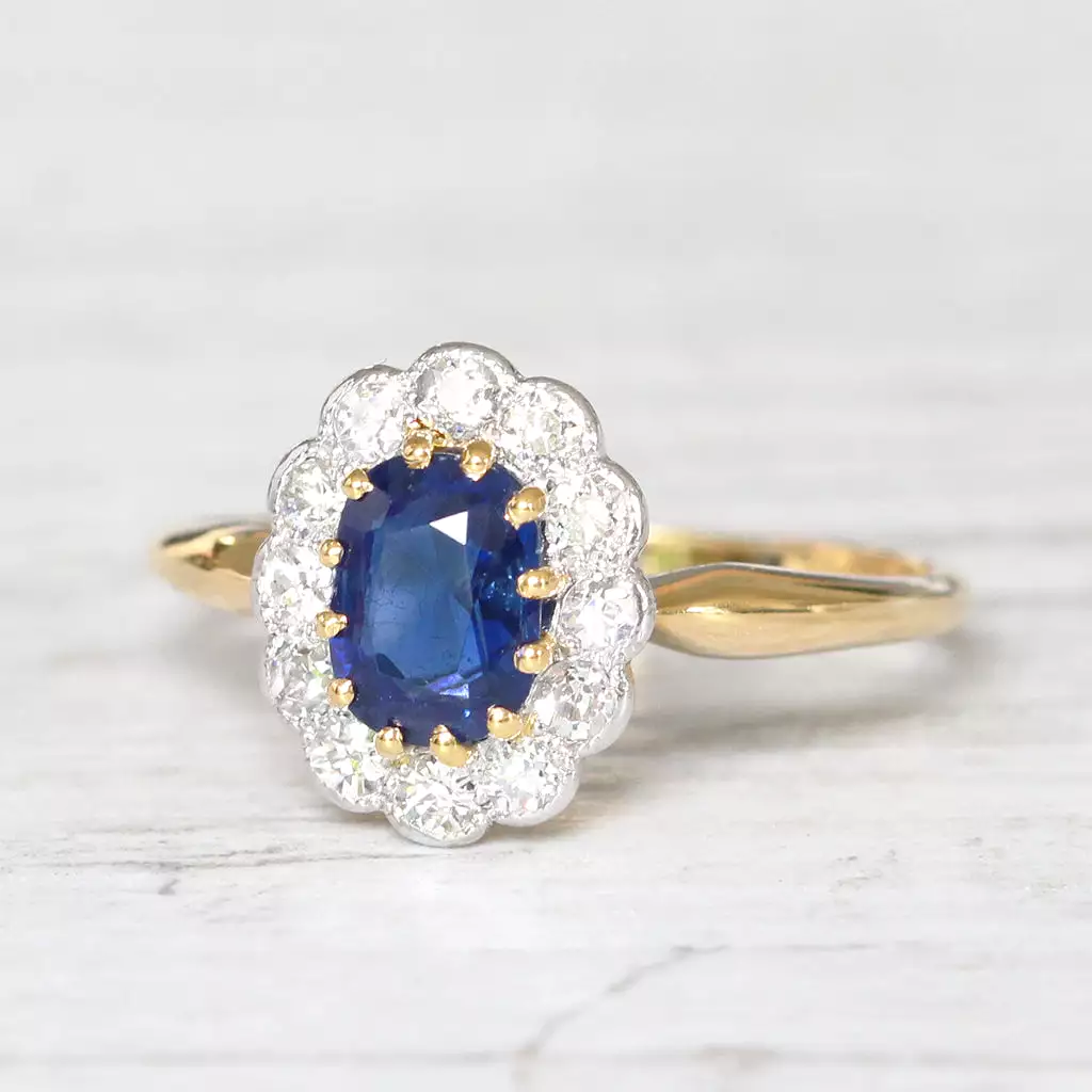 Edwardian 0.90 Carat Sapphire and Old Cut Diamond Cluster Ring