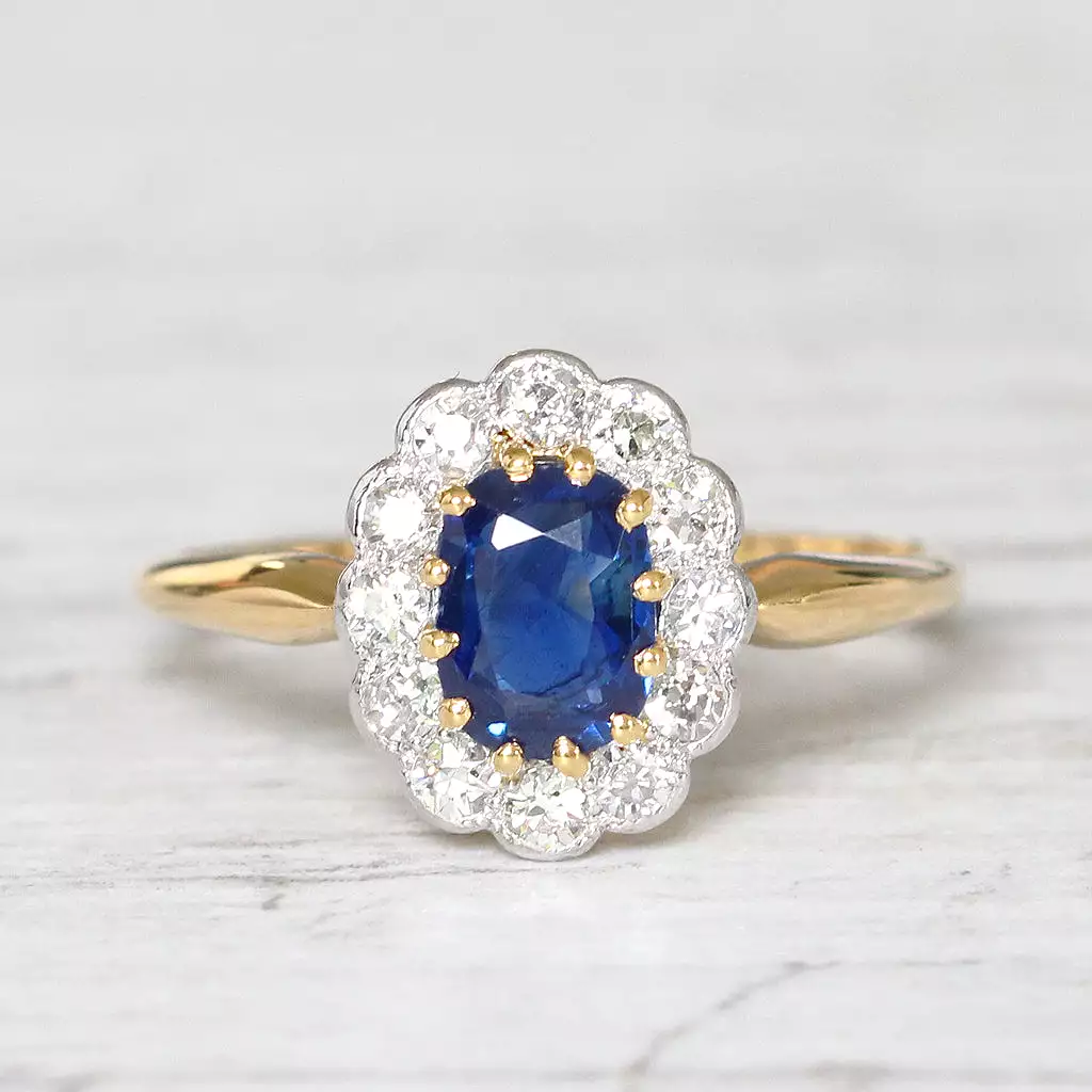 Edwardian 0.90 Carat Sapphire and Old Cut Diamond Cluster Ring