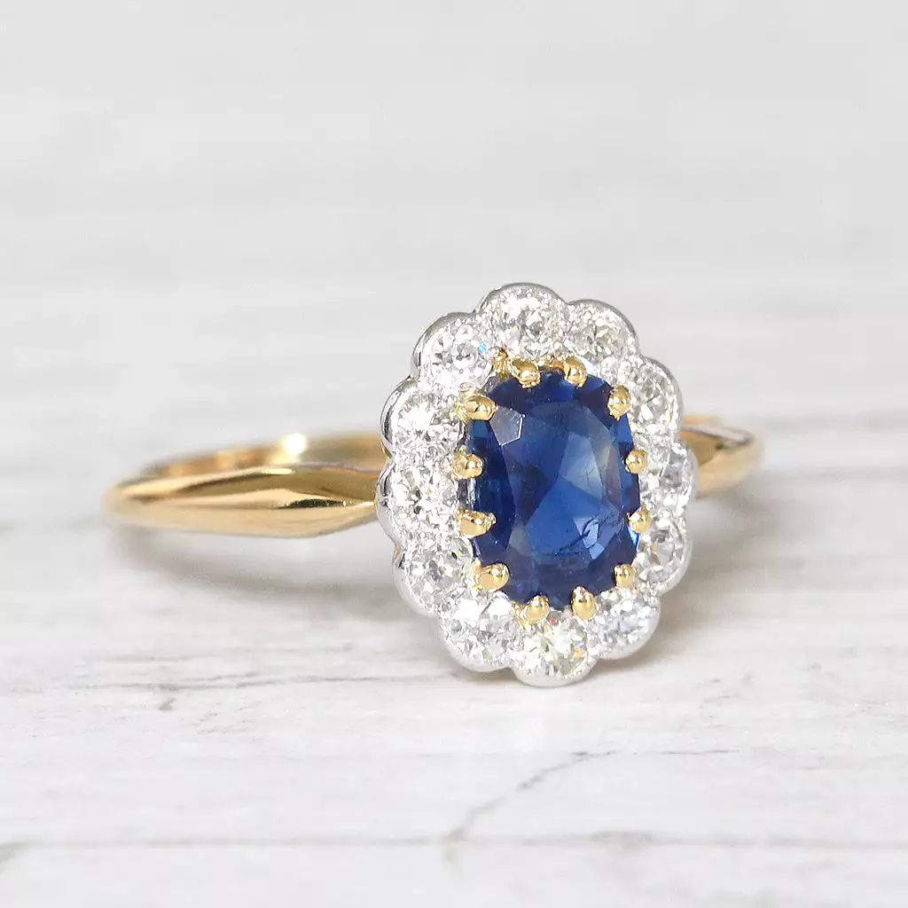 Edwardian 0.90 Carat Sapphire and Old Cut Diamond Cluster Ring