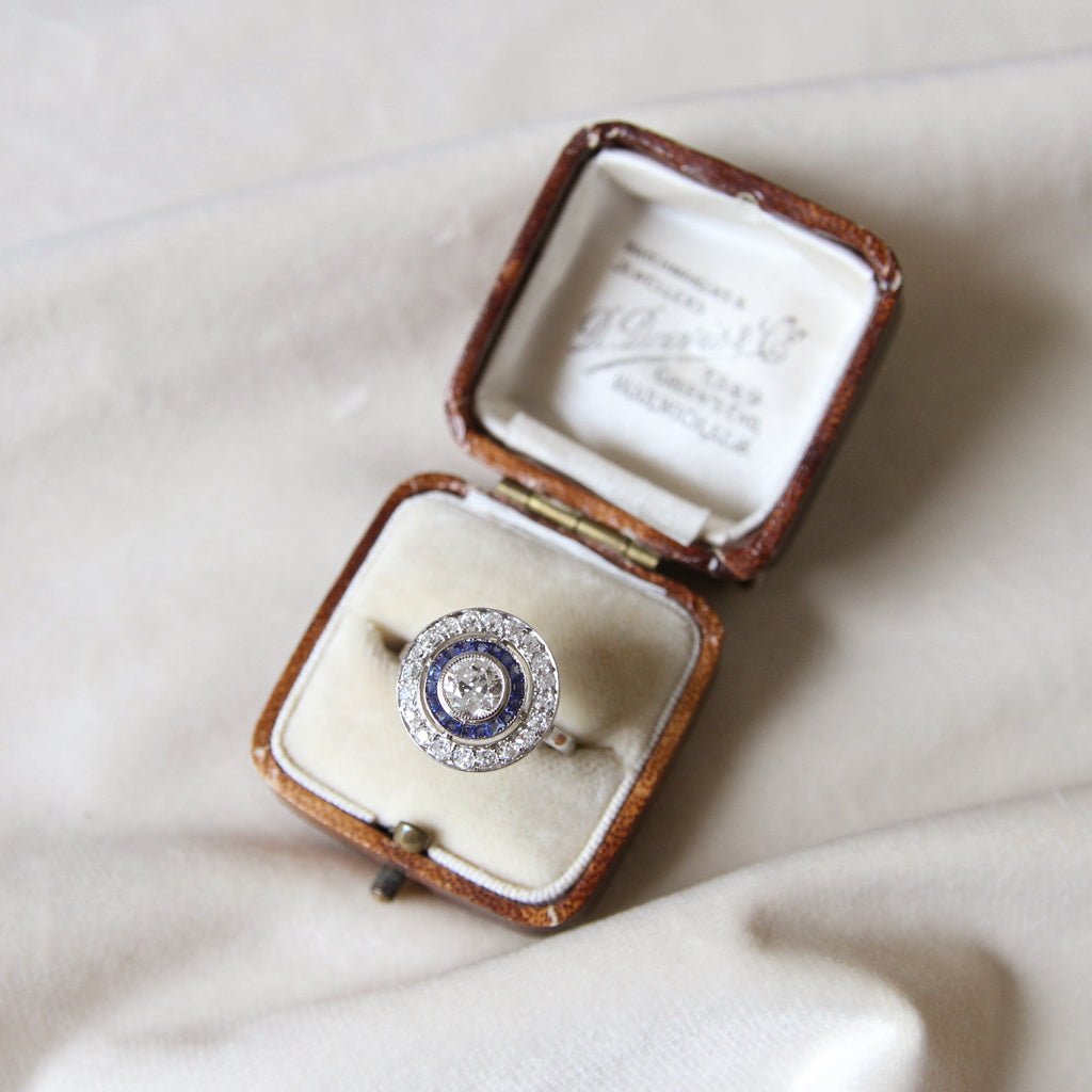 French Art Deco Old European Cut Diamond and Sapphire Target Cluster