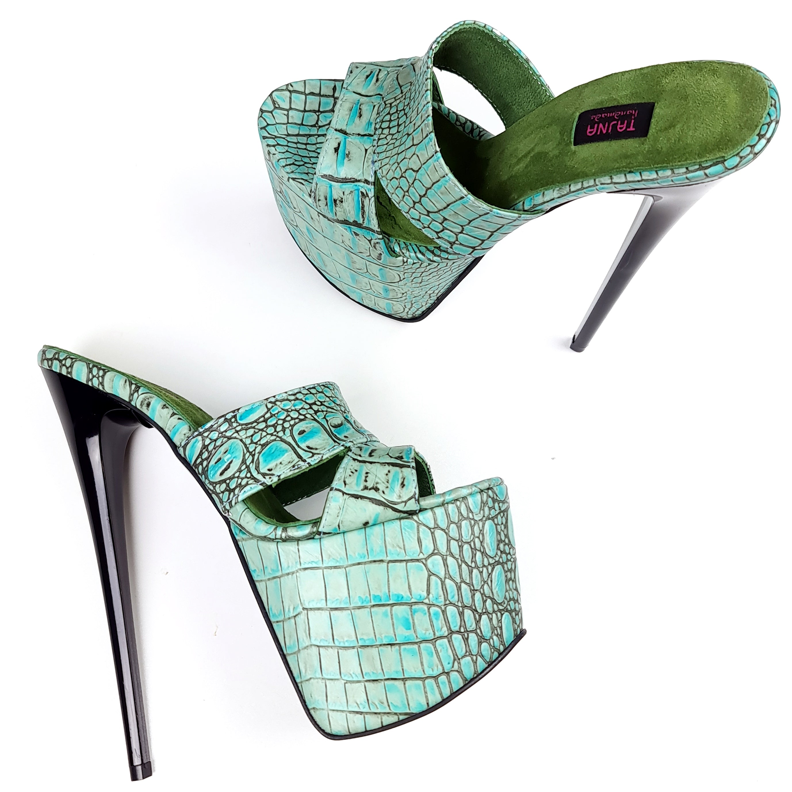 Genuine Leather Turquoise Croco Print Mules