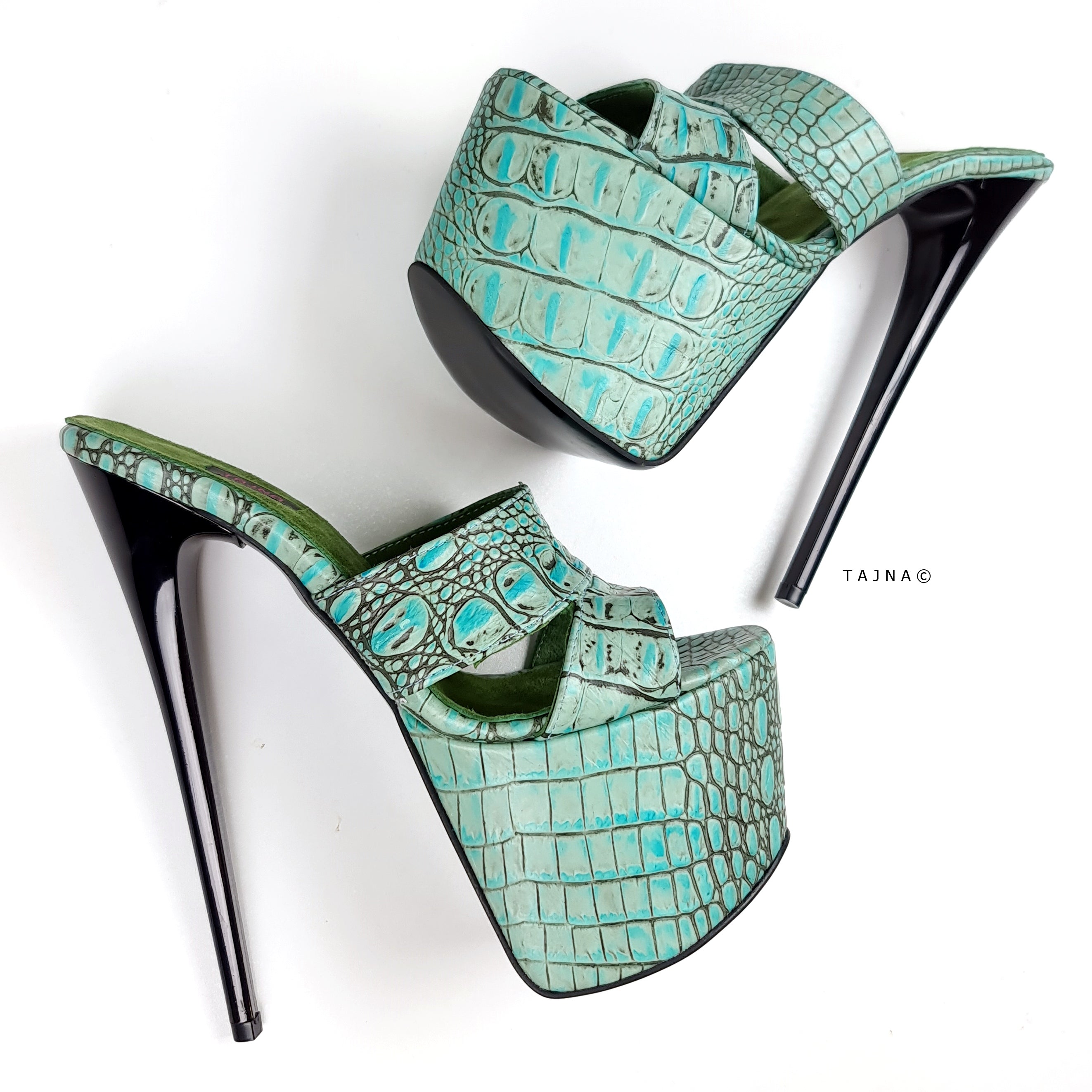 Genuine Leather Turquoise Croco Print Mules