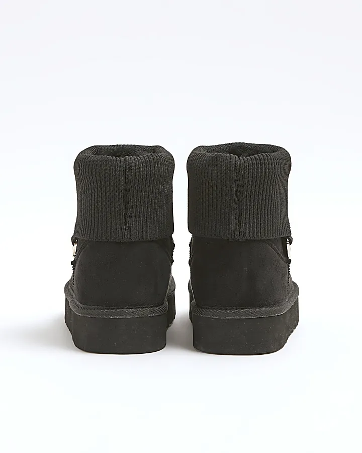 Girls black ribbed knit faux fur lined boots