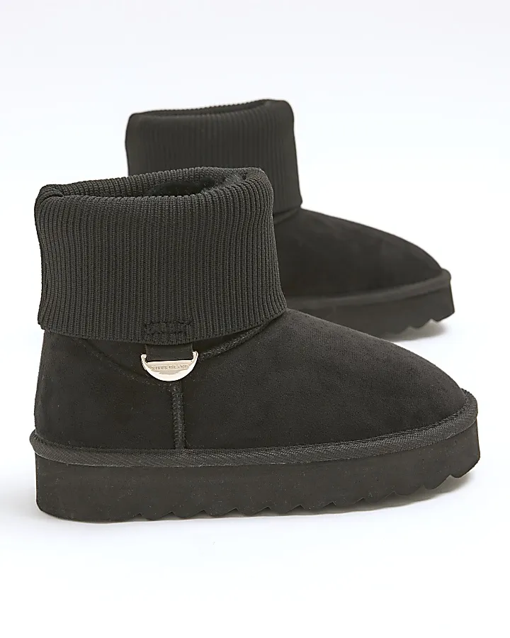 Girls black ribbed knit faux fur lined boots