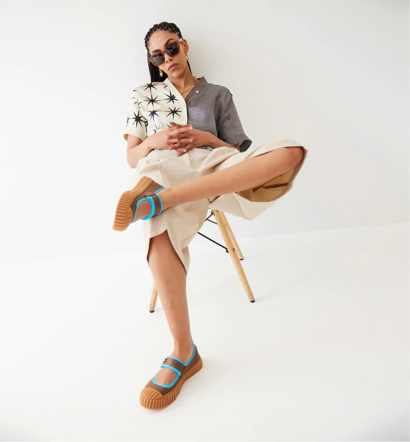 Grace Velcro Nylon Mary Jane | Nutmeg and Turquoise Sea