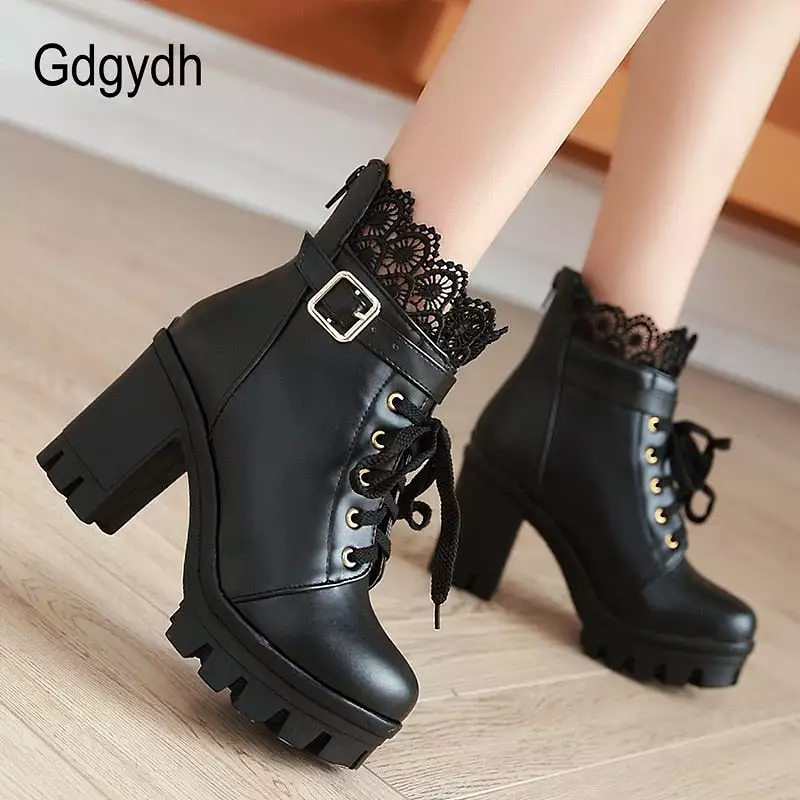 Lace Ankle Boots Thick High Heels Women Boots Sexy Lacing Round Toe Platform Ladies Shoes Large Sizes 34-43