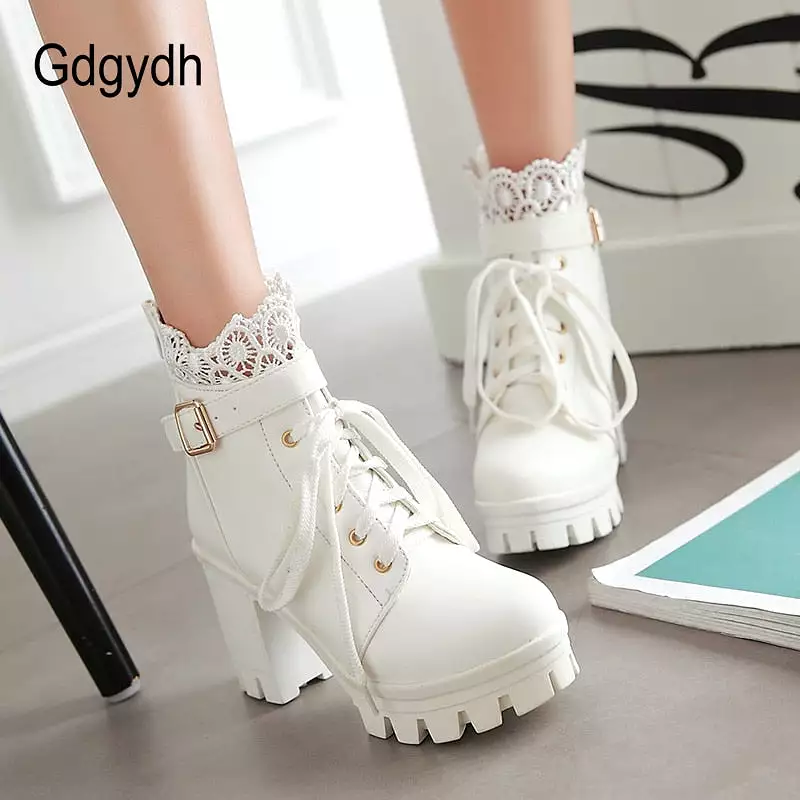 Lace Ankle Boots Thick High Heels Women Boots Sexy Lacing Round Toe Platform Ladies Shoes Large Sizes 34-43