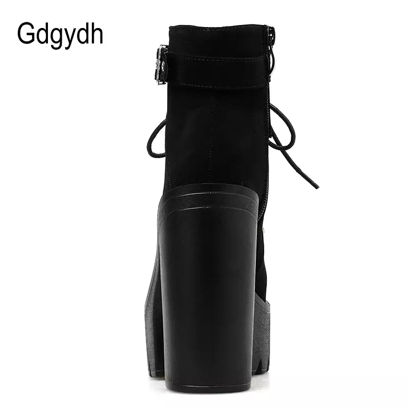 Lace Up Women Boots Platform Buckle Boot Winter Shoes Thick Heel Autmn Boots With Zipper Ankle Strap Black Suede Gothic