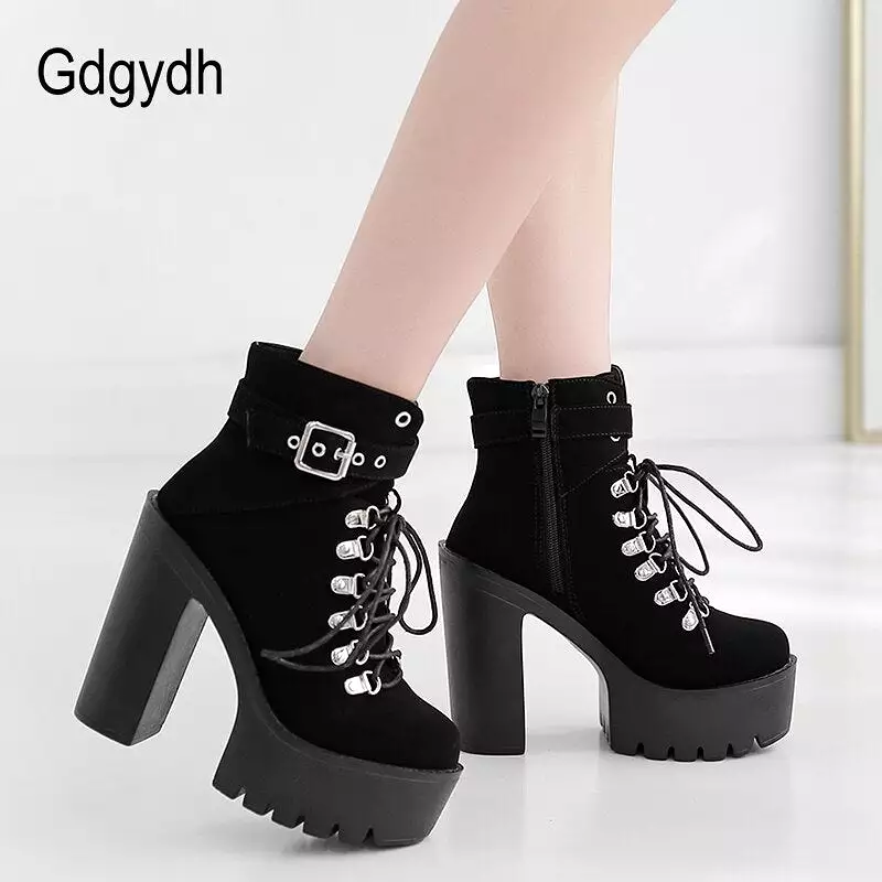 Lace Up Women Boots Platform Buckle Boot Winter Shoes Thick Heel Autmn Boots With Zipper Ankle Strap Black Suede Gothic