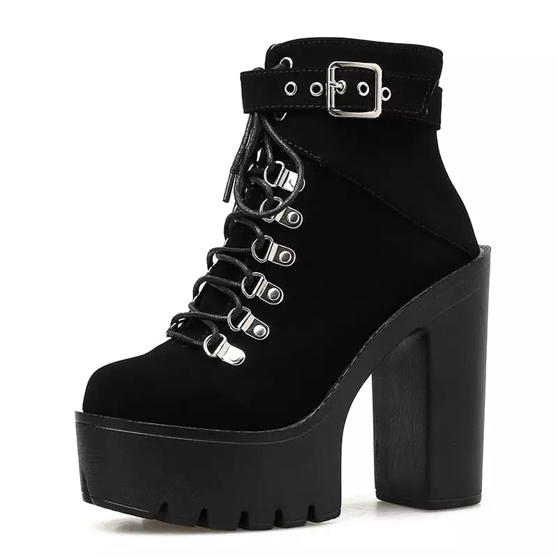 Lace Up Women Boots Platform Buckle Boot Winter Shoes Thick Heel Boots With Zipper Ankle Strap Black Suede Gothic