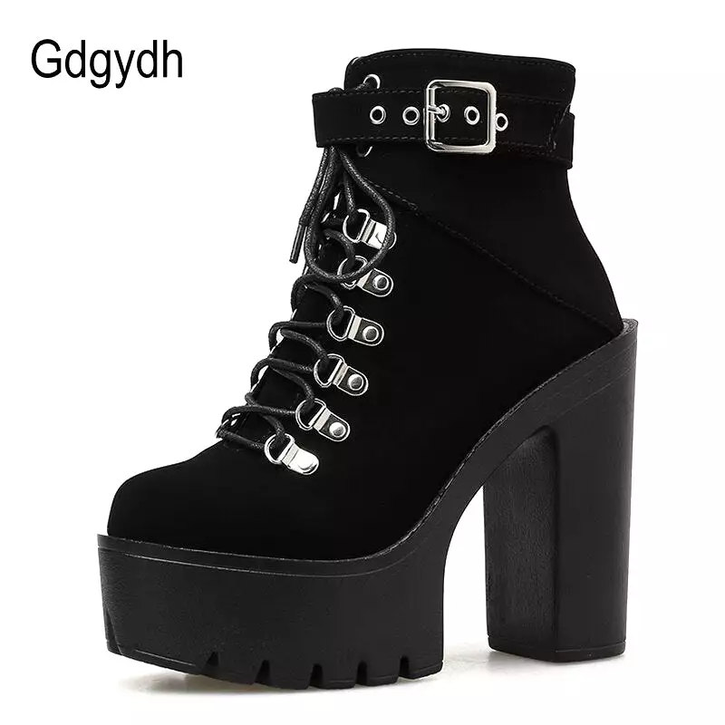 Lace Up Women Boots Platform Buckle Boot Winter Shoes Thick Heel Boots With Zipper Ankle Strap Black Suede Gothic