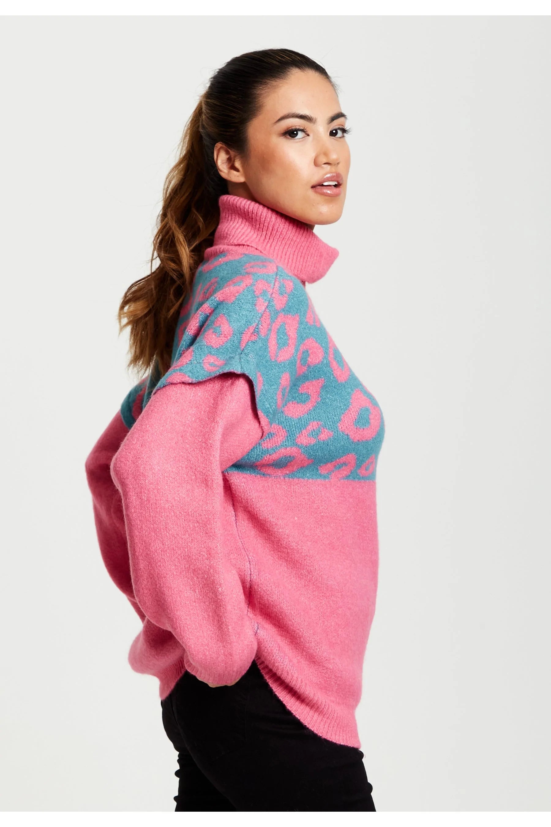 Liquorish Animal Pattern Roll Neck Jumper In Pink Turquoise