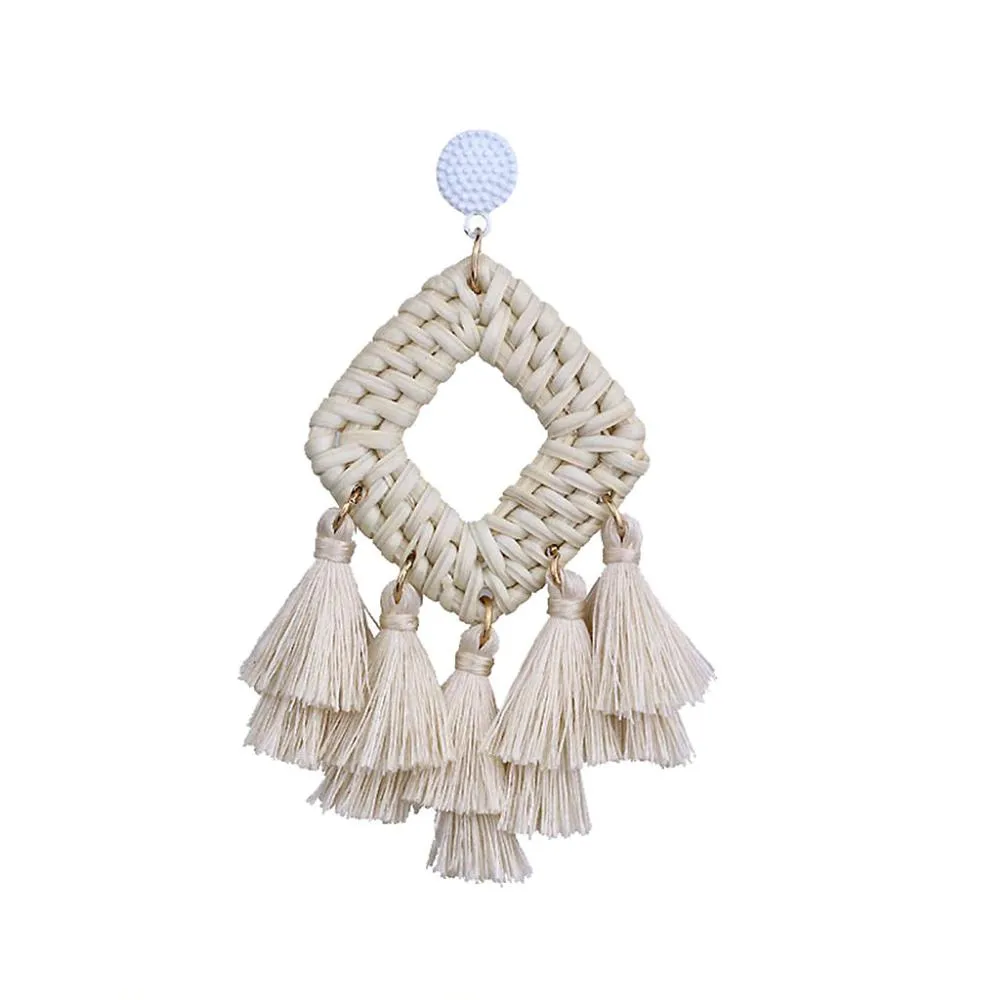 New Stylish Rattan Tassel Handmade Long Square Earrings