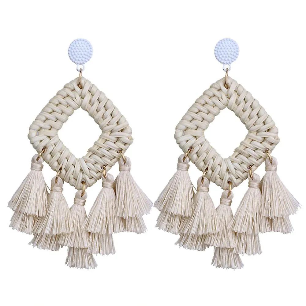 New Stylish Rattan Tassel Handmade Long Square Earrings