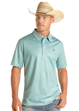 'Panhandle' Men's Geo Print Performance Knit Polo - Turquoise