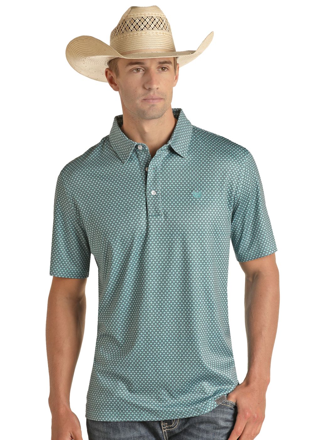 'Panhandle' Men's Geo Print Performance Knit Polo - Turquoise