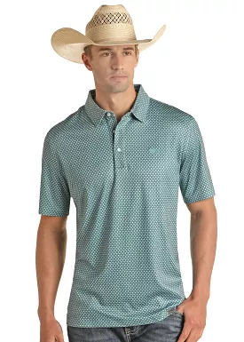 'Panhandle' Men's Geo Print Performance Knit Polo - Turquoise