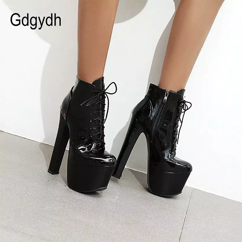 Round Toe Women Ankle Boots Fashion Super High Heel Shoes Nightclub Patent Leather Sexy Female Shoes ThicK Platform Shoes