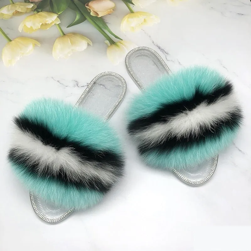 Summer Real Fur Fluffy Slides Flip Flop House Slippers for Women