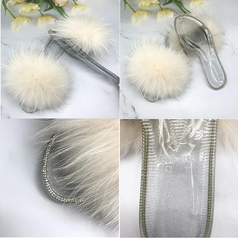 Summer Real Fur Fluffy Slides Flip Flop House Slippers for Women