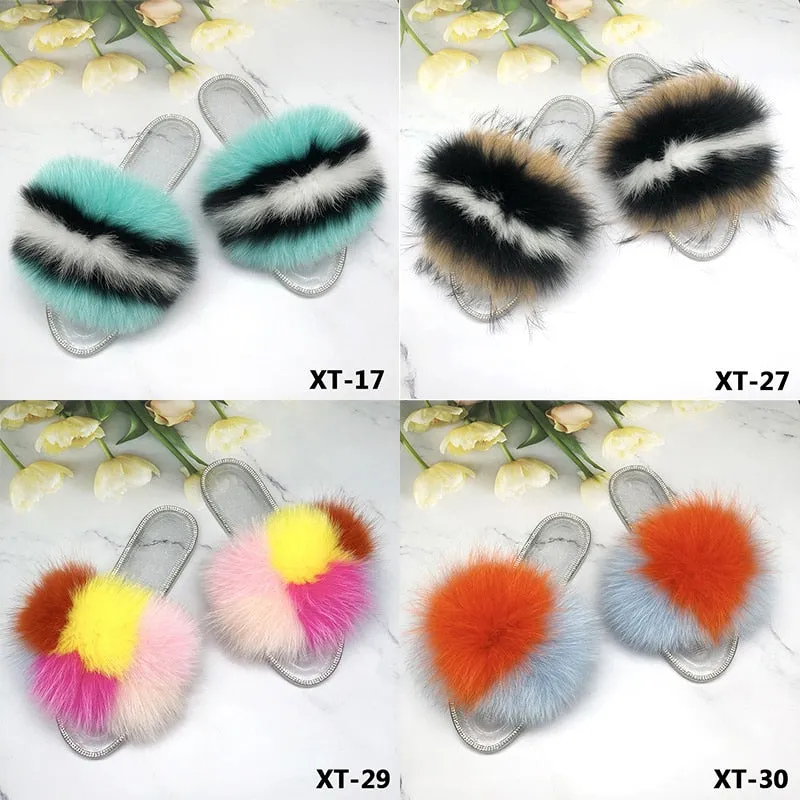 Summer Real Fur Fluffy Slides Flip Flop House Slippers for Women