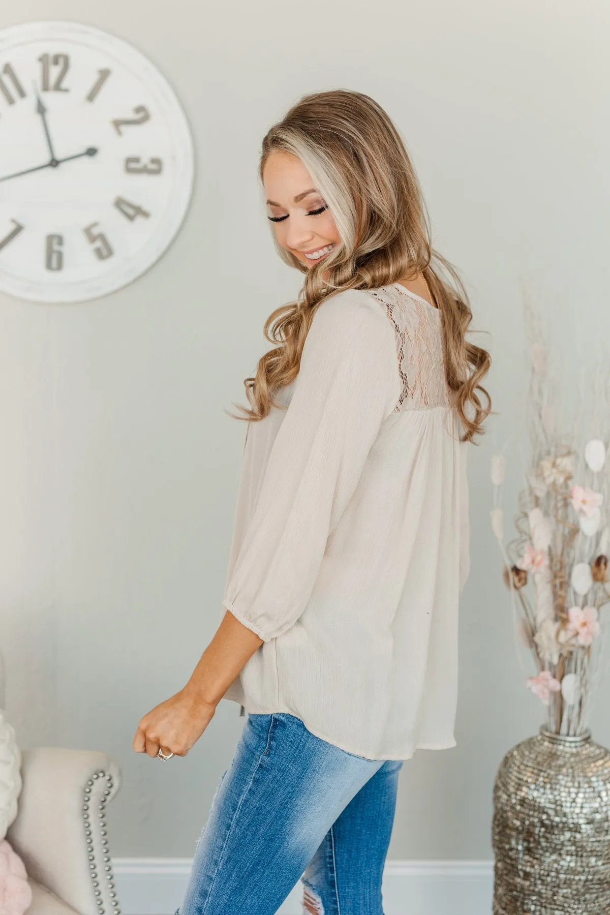 Sweet & Stylish Lace Tie Top- Oatmeal