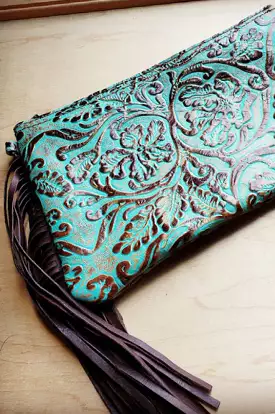 Turquoise Green Brown Embossed Leather Clutch Handbag