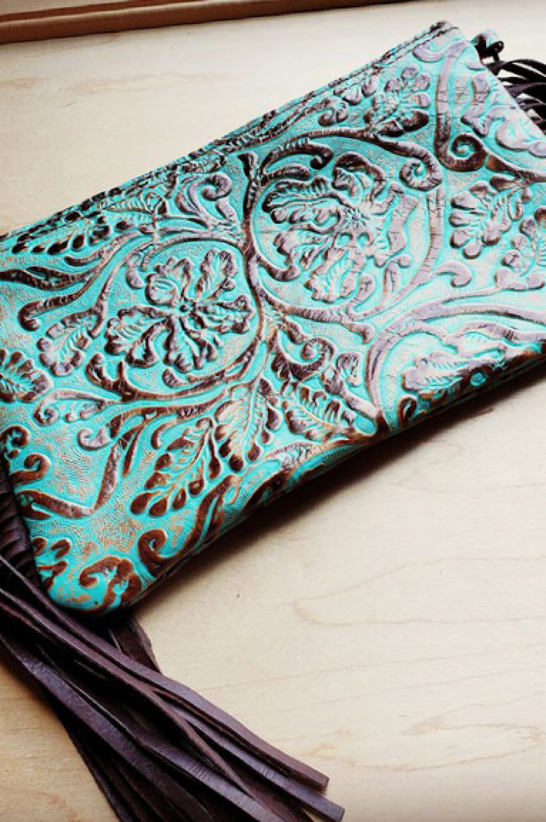 Turquoise Green Brown Embossed Leather Clutch Handbag