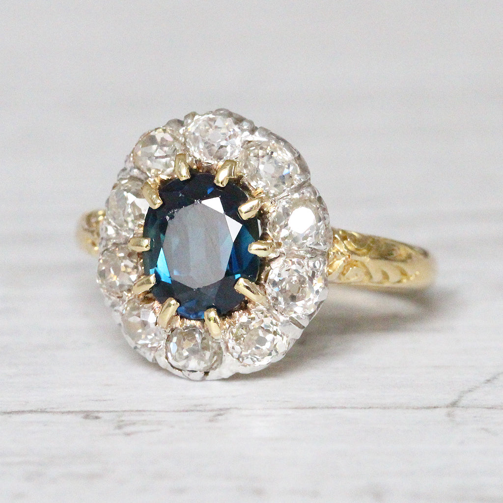 Victorian 1.80 Carat Sapphire and Old Mine Cut Diamond Cluster