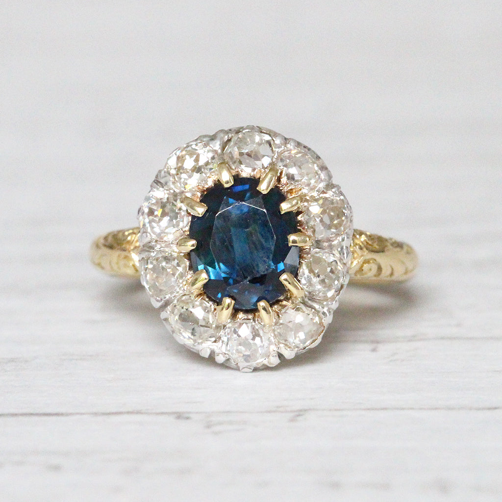 Victorian 1.80 Carat Sapphire and Old Mine Cut Diamond Cluster