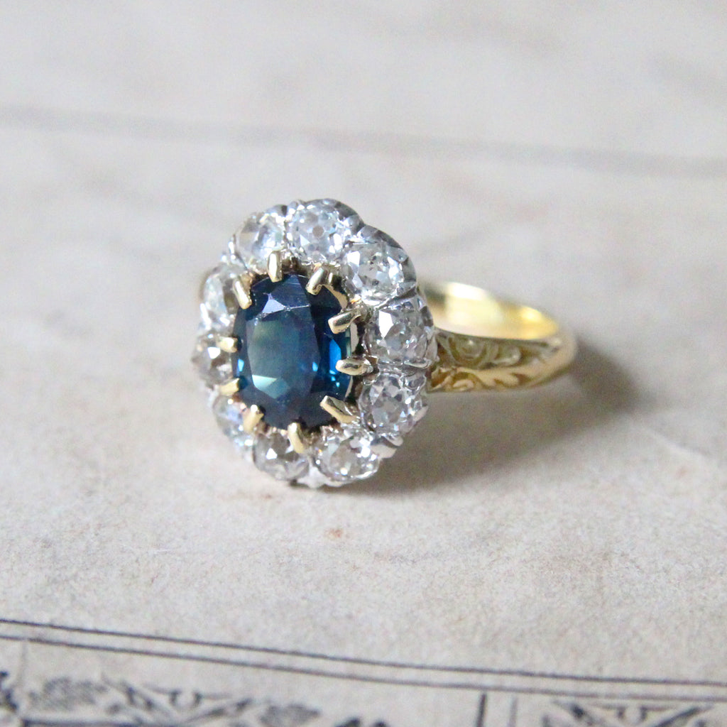 Victorian 1.80 Carat Sapphire and Old Mine Cut Diamond Cluster