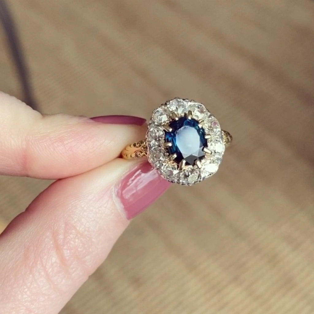 Victorian 1.80 Carat Sapphire and Old Mine Cut Diamond Cluster