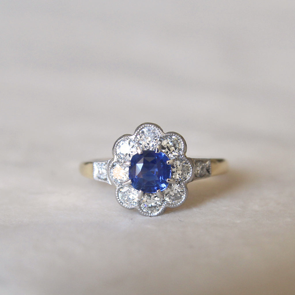 Victorian Style 0.85 Carat Sapphire and Old Cut Diamond Cluster