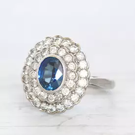 Vintage 0.90 Carat Sapphire and Diamond Double Halo Cluster