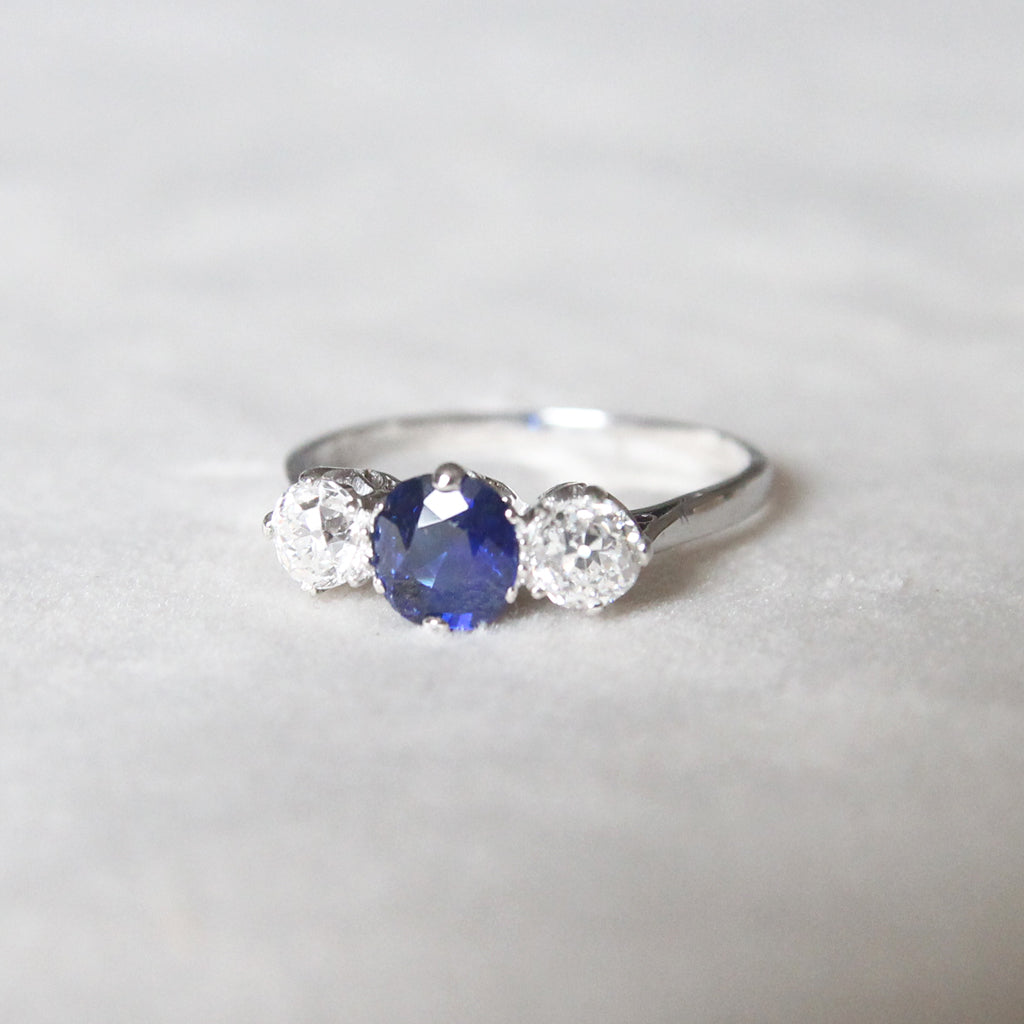 Vintage 0.95 Carat Sapphire and Old Cut Diamond Three Stone