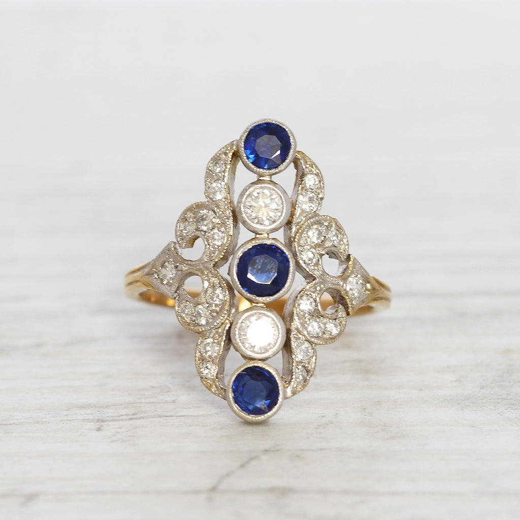 Vintage Sapphire and Diamond Ornate Panel Cluster