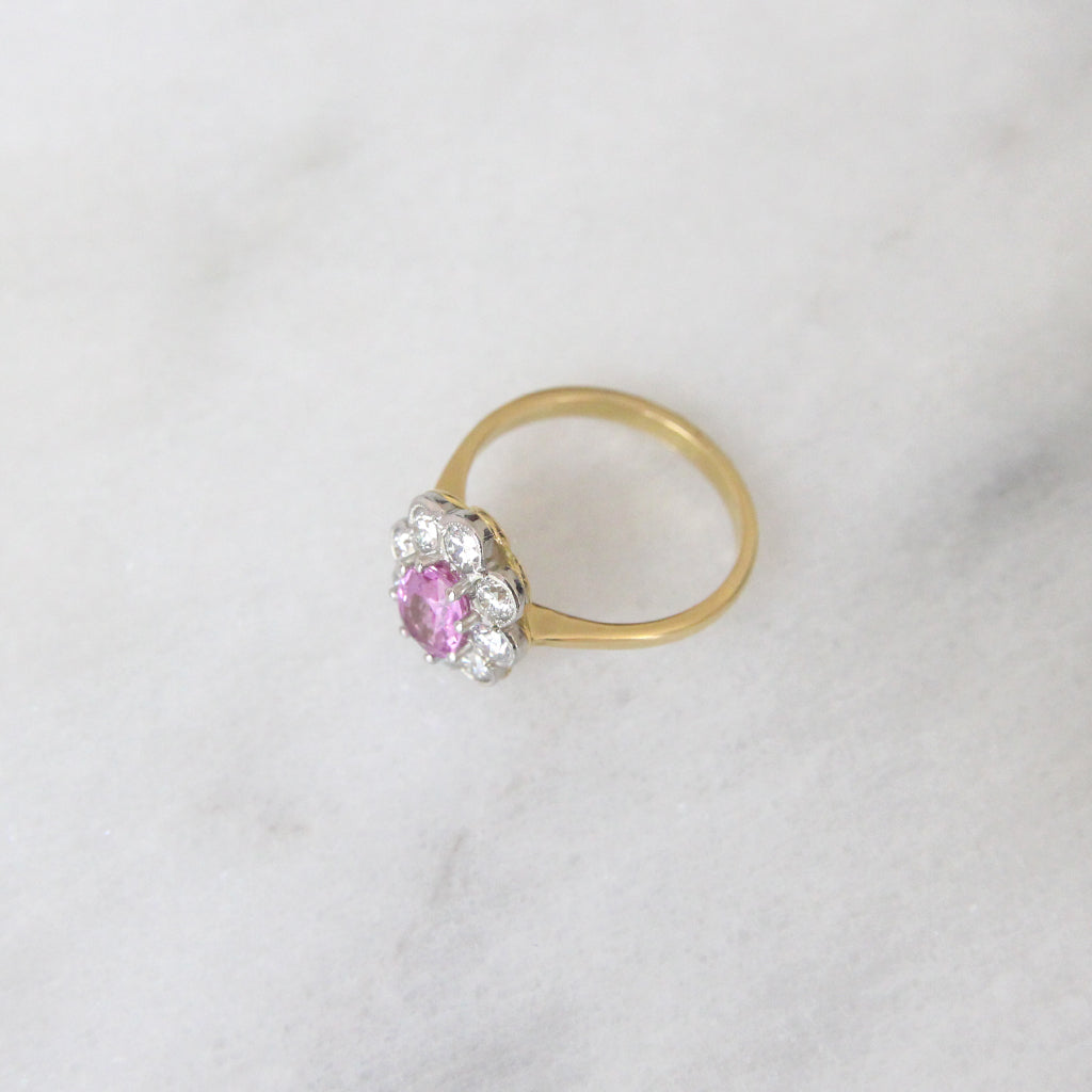 Vintage Style 1 Carat Pink Sapphire and Brilliant Cut Diamond Cluster